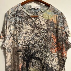 Breckenridge World Map Print Women’s Top Cream Brown 2X Metallic Studs Travel